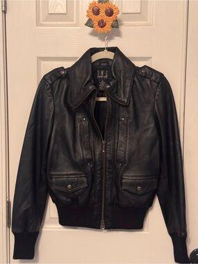 INC International Concepts Petite Black Leather Jacket with Gold Zipper